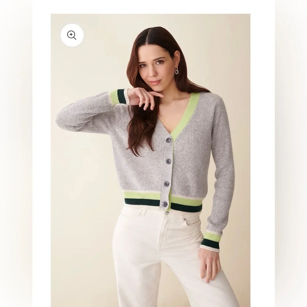 &Isla Stella Tipped Ribbed V-Cardigan- 100% Cashmere- Small- NWT- was $325